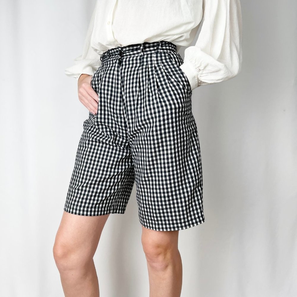 Vintage High Waisted Gingham Plaid Pleated Long Mom Shorts Bermuda Picnic Check - Picture 2 of 8